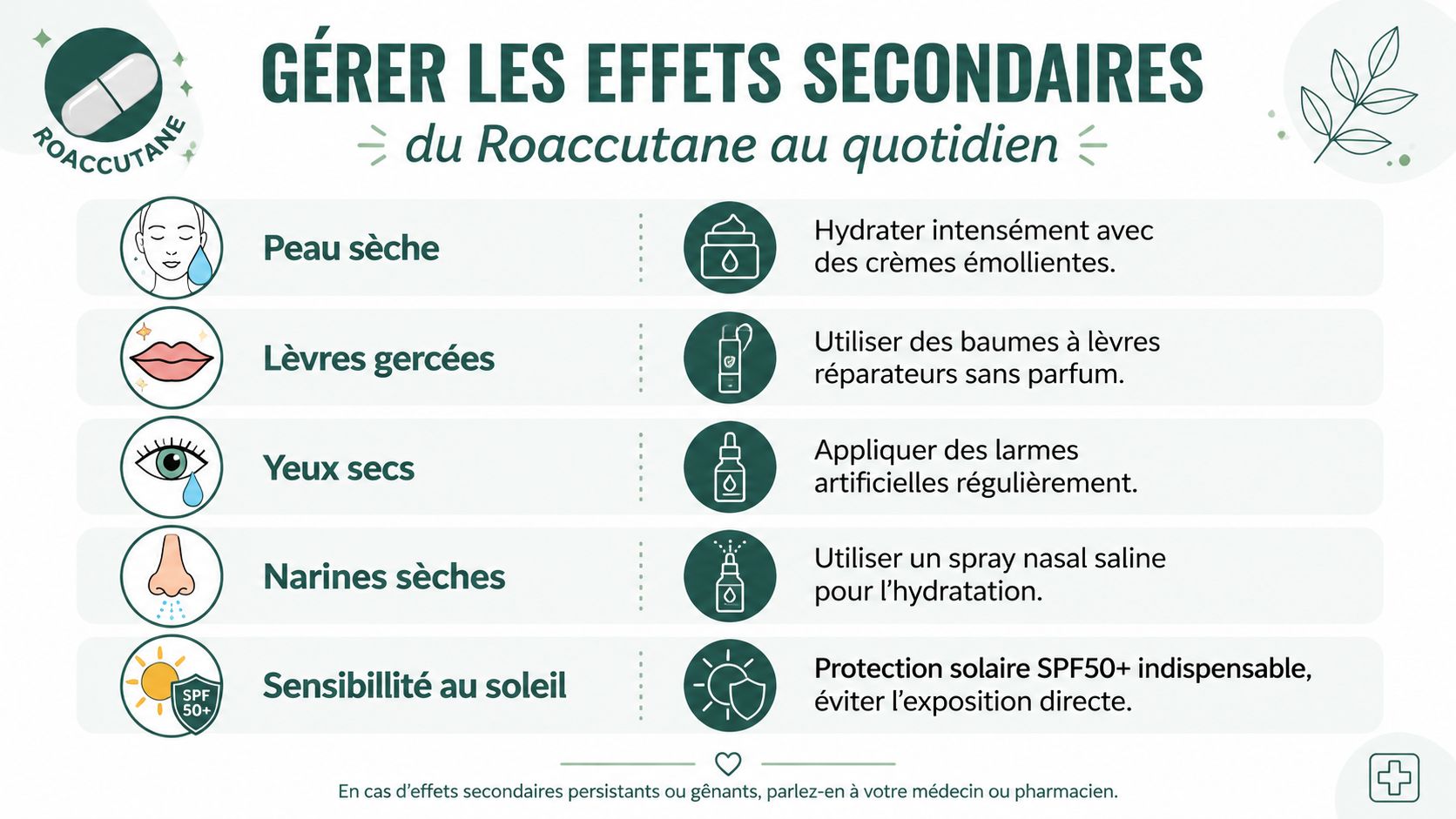 Infographie illustrant les conseils quotidiens pour gérer les effets secondaires courants du traitement par le Roaccutane.
