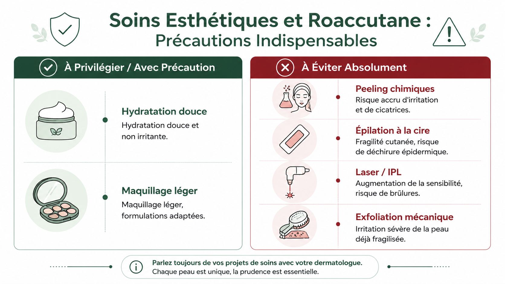 Infographie illustrant les soins esthétiques conseillés et déconseillés pour les patients sous traitement Roaccutane.