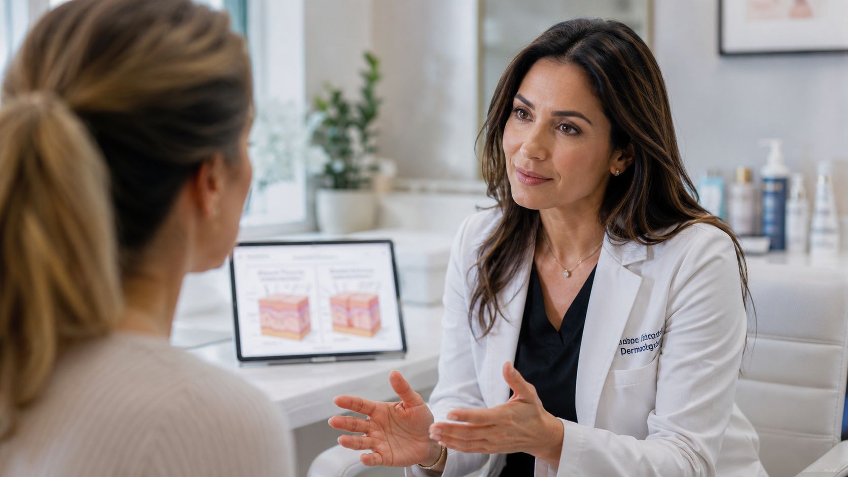 Une dermatologue explique un traitement médical à sa patiente pendant une consultation dans un cabinet médical moderne.
