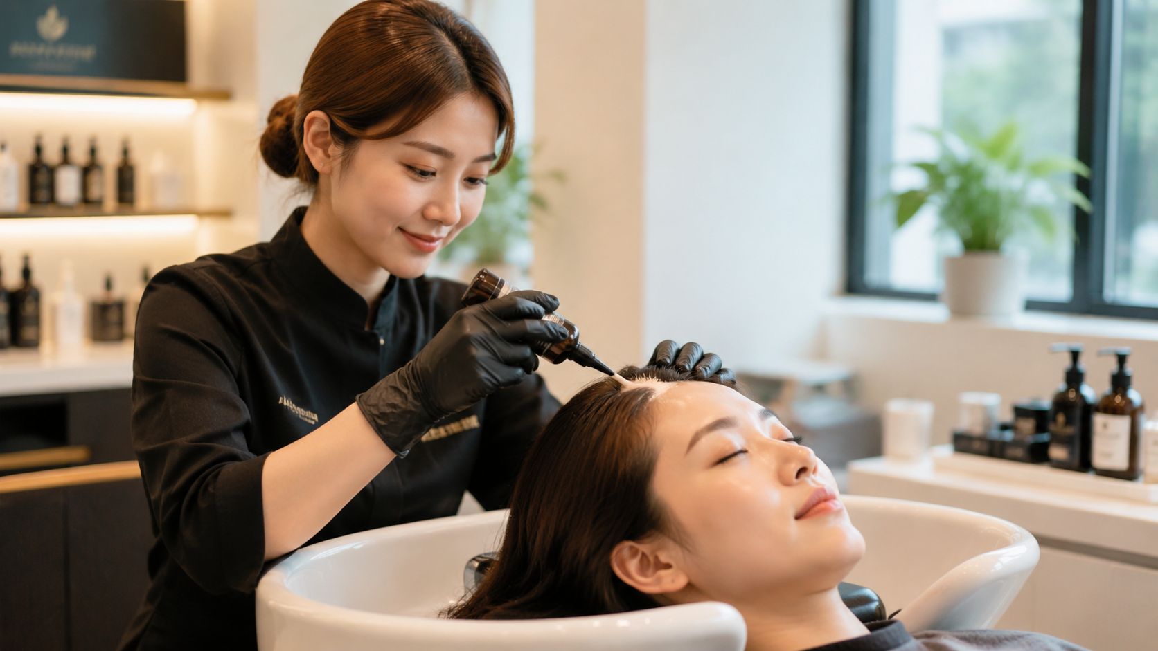 Une coiffeuse applique un traitement capillaire professionnel sur le cuir chevelu d'une cliente dans un salon moderne.