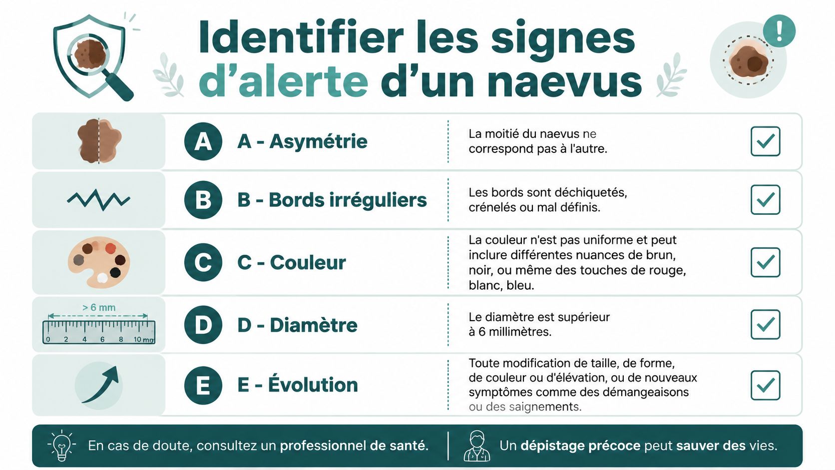 Infographie illustrant la méthode ABCDE pour identifier les signes d'alerte potentiels d'un naevus ou grain de beauté.