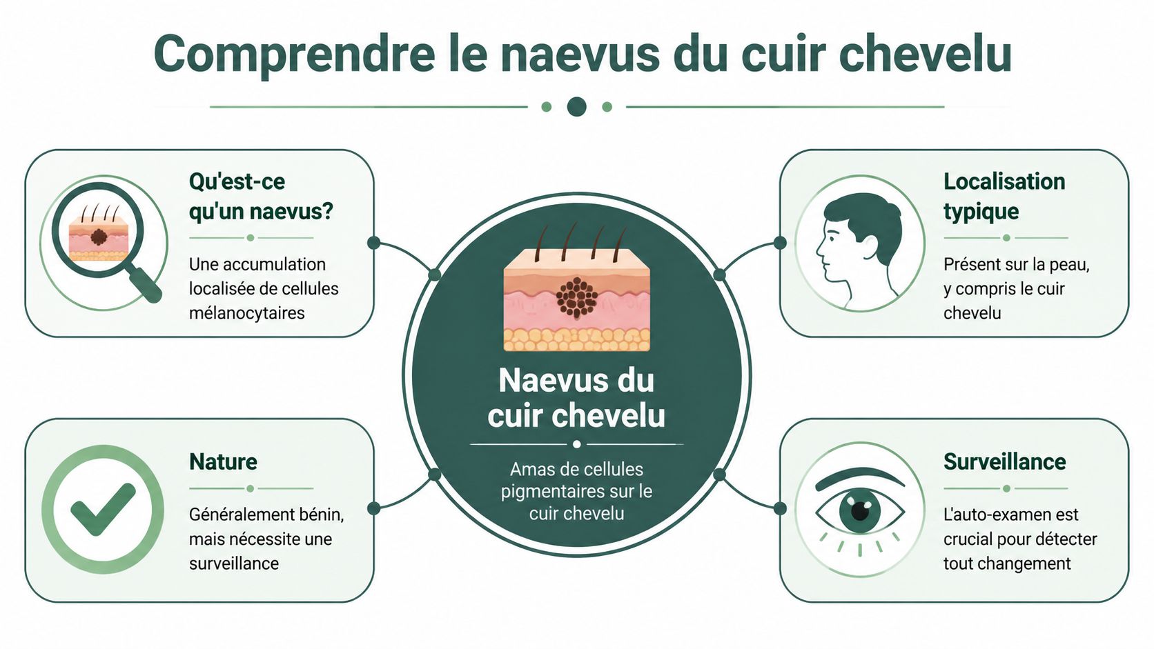 Infographie explicative sur le naevus du cuir chevelu, définissant sa nature, ses caractéristiques et la surveillance nécessaire.