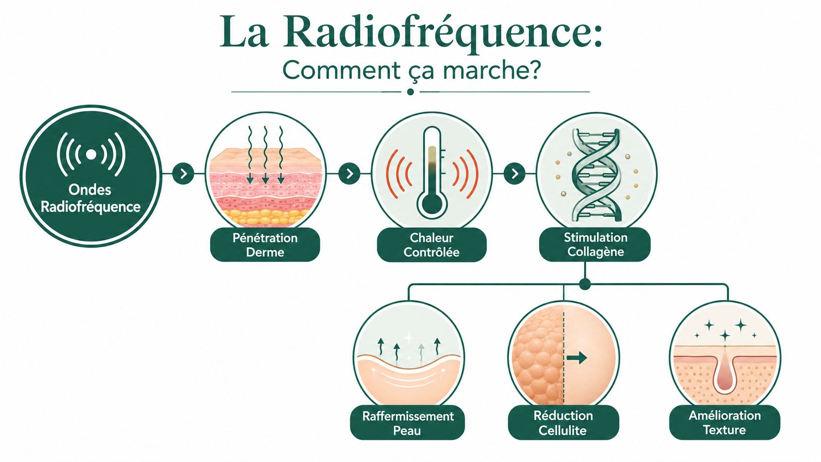 Schéma explicatif montrant le fonctionnement du traitement par radiofréquence pour raffermir la peau et réduire la cellulite.