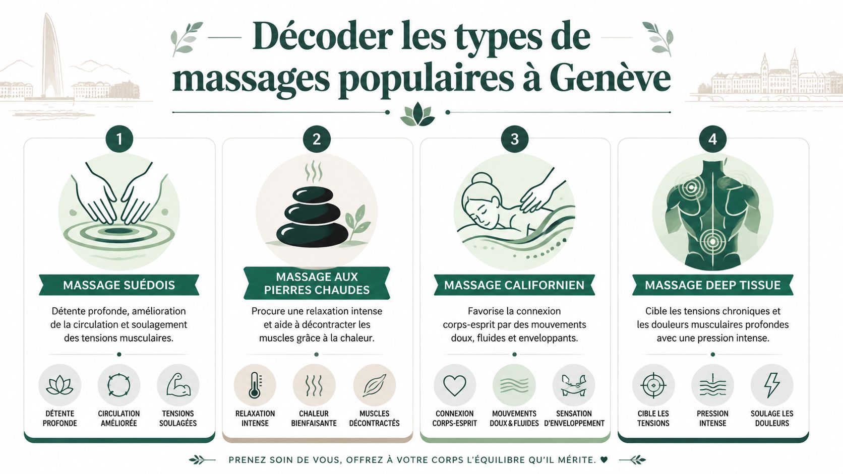 Infographie illustrant quatre types de massages populaires à Genève avec leurs bienfaits spécifiques pour le corps.
