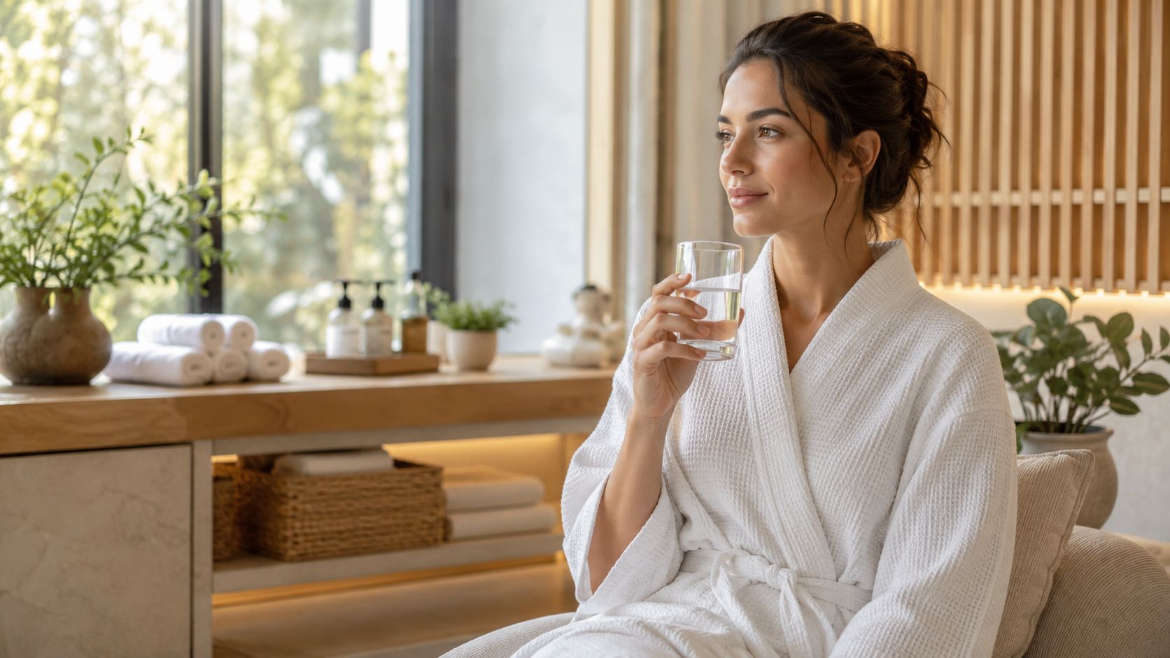 Une femme détendue en peignoir blanc boit un verre d'eau dans une atmosphère sereine de spa.