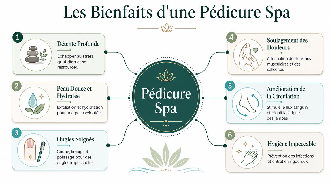Une infographie présentant six bienfaits essentiels d'une pédicure spa pour la relaxation et la santé des pieds.