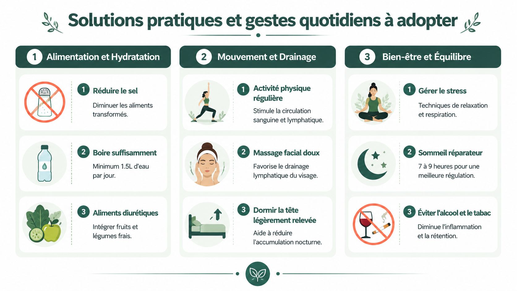 Infographie présentant des conseils de vie sains pour lutter contre la rétention d'eau sur le visage.