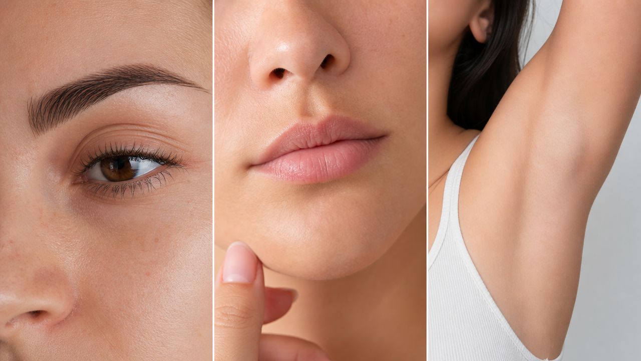 Gros plan sur la peau lisse du visage et des aisselles après un traitement d'épilation professionnelle.