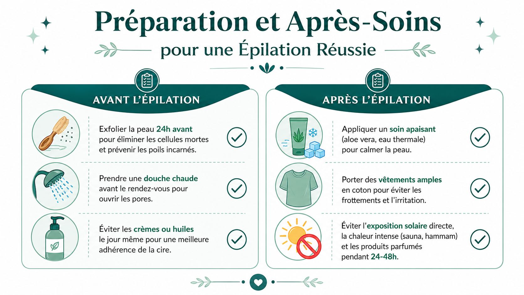 Infographie illustrant les conseils de préparation et d'après-soins nécessaires pour réussir une séance d'épilation à la cire.