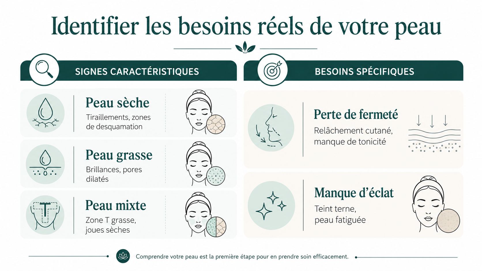 Infographie illustrant les différents types de peau et besoins spécifiques pour mieux choisir ses soins cosmétiques.