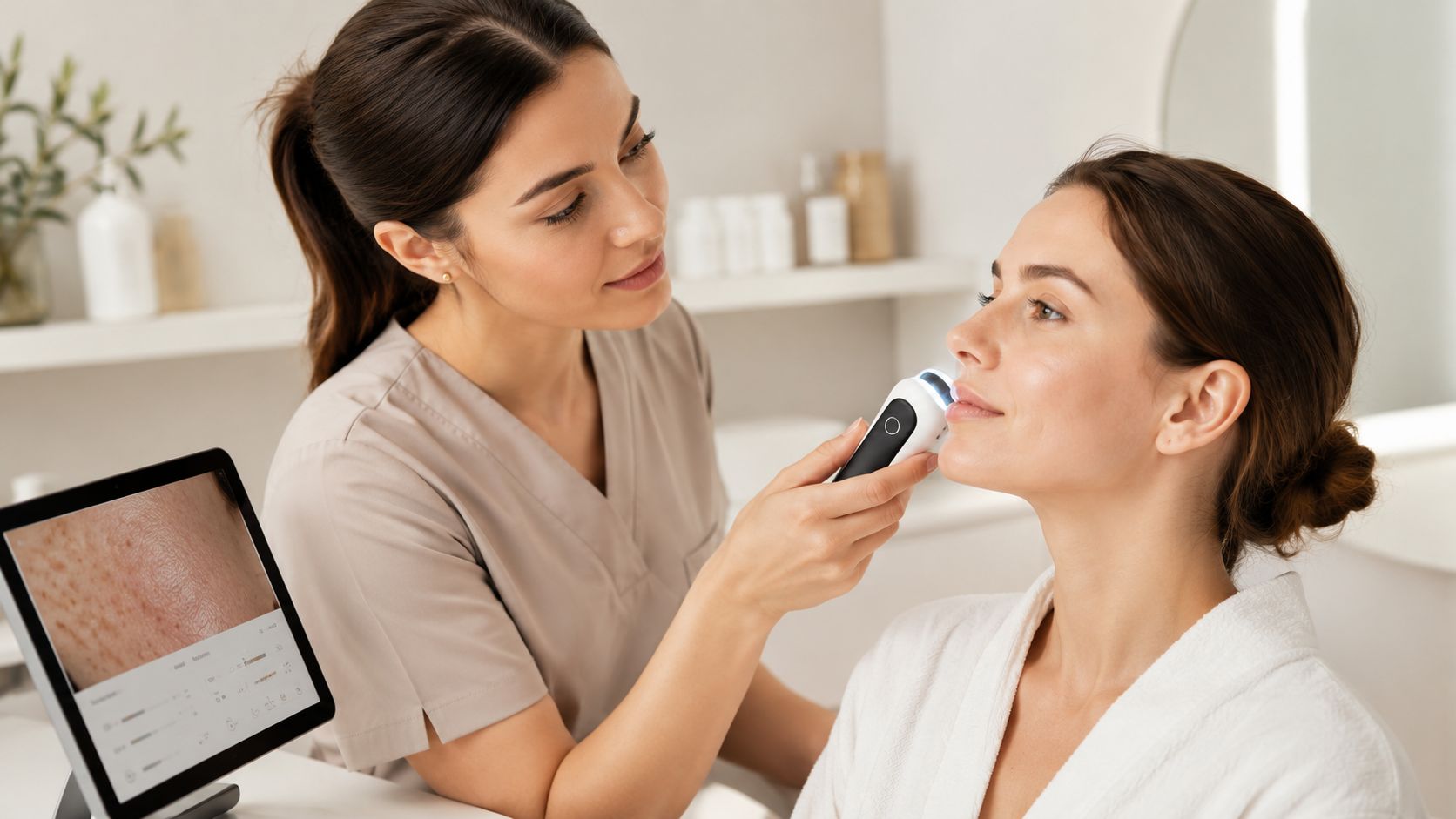 Une esthéticienne effectue un diagnostic de peau professionnel sur une cliente à l'aide d'un appareil technologique avancé.