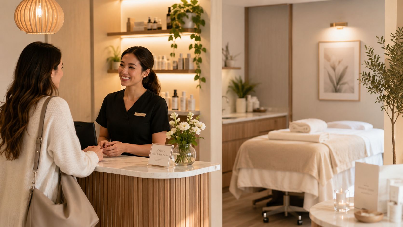 Une réceptionniste souriante accueille une cliente dans un spa élégant et apaisant au design moderne.