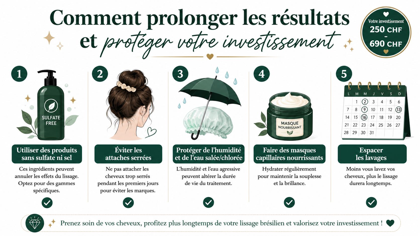 Infographie illustrant cinq conseils essentiels pour entretenir son lissage brésilien et prolonger ses résultats sur le long terme.