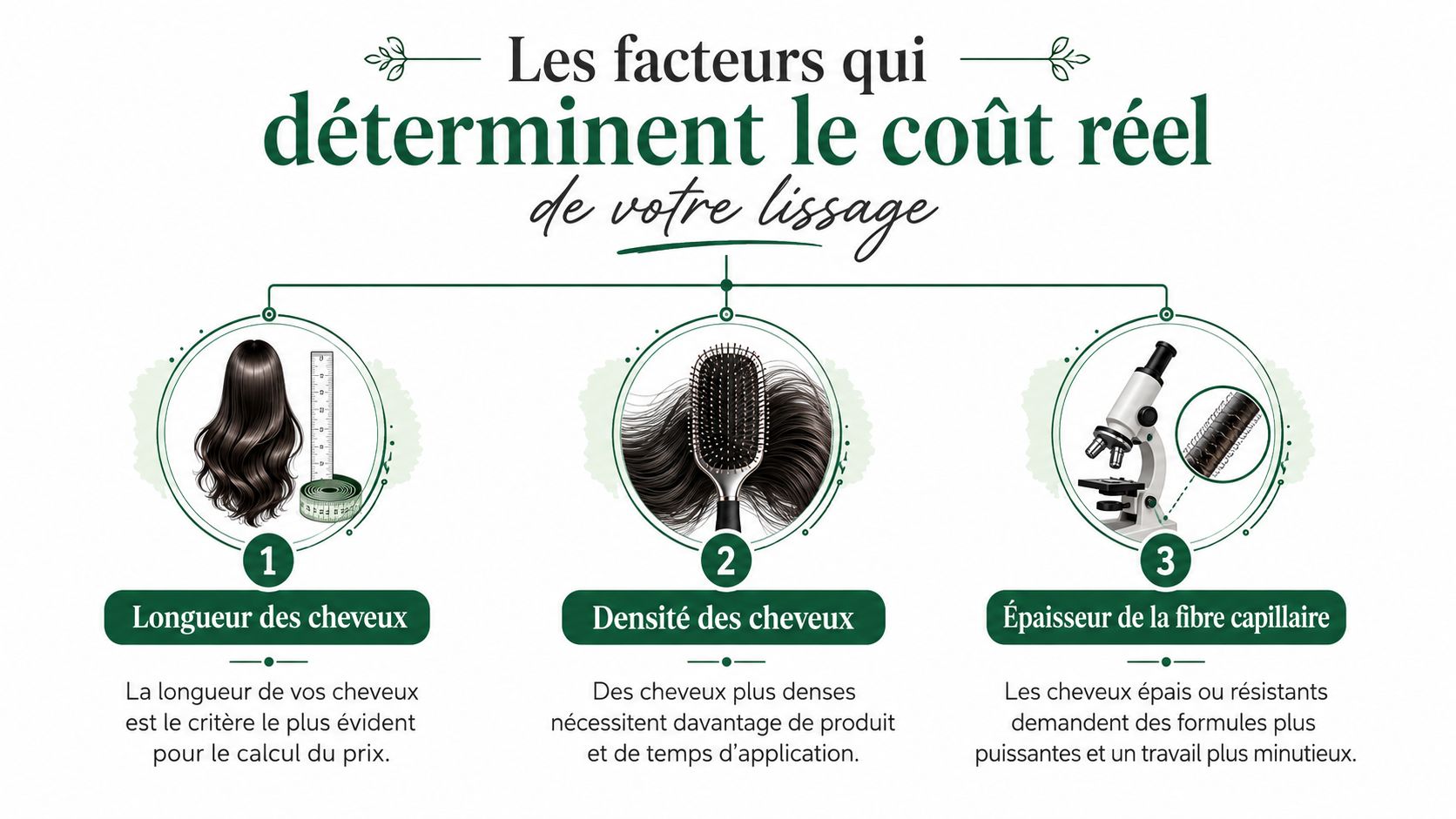 Infographie illustrant les trois facteurs déterminants du prix d'un lissage capillaire : longueur, densité et épaisseur.