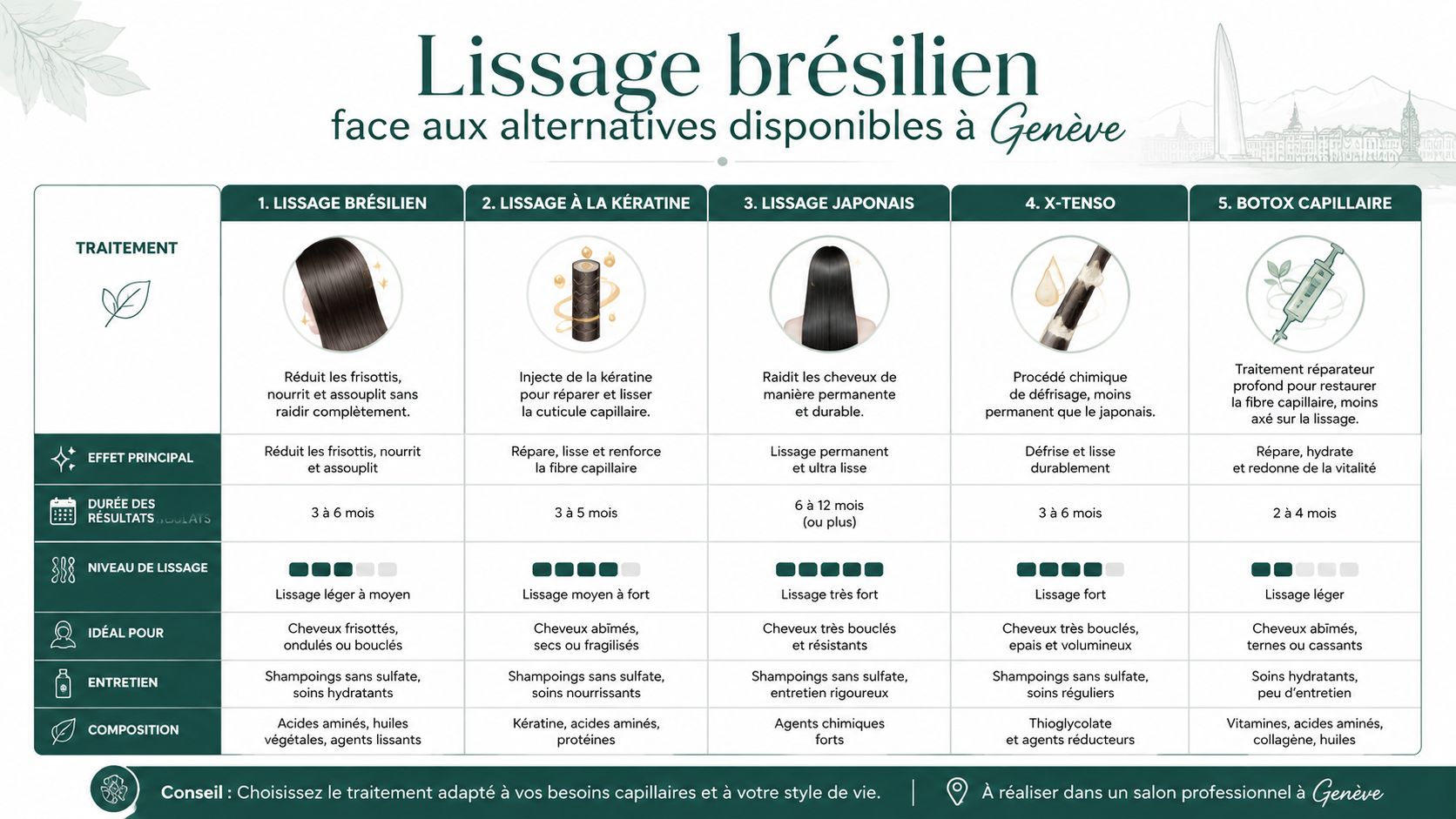 Tableau comparatif des différents traitements de lissage capillaire disponibles dans les salons professionnels à Genève.
