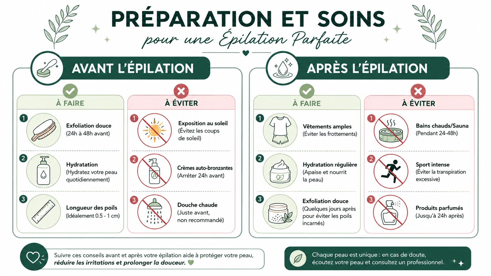 Infographie illustrant les conseils de préparation et de soins pour une épilation parfaite de la peau.