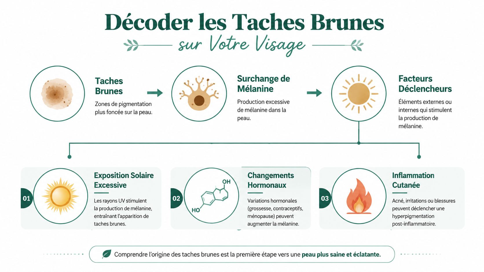 Infographie explicative sur les causes des taches brunes sur le visage, incluant le soleil, hormones et inflammation.
