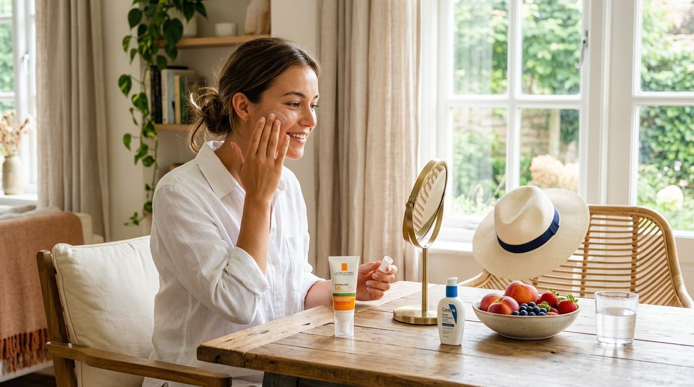 Une femme souriante applique de la crème solaire sur son visage devant un miroir sur une table.