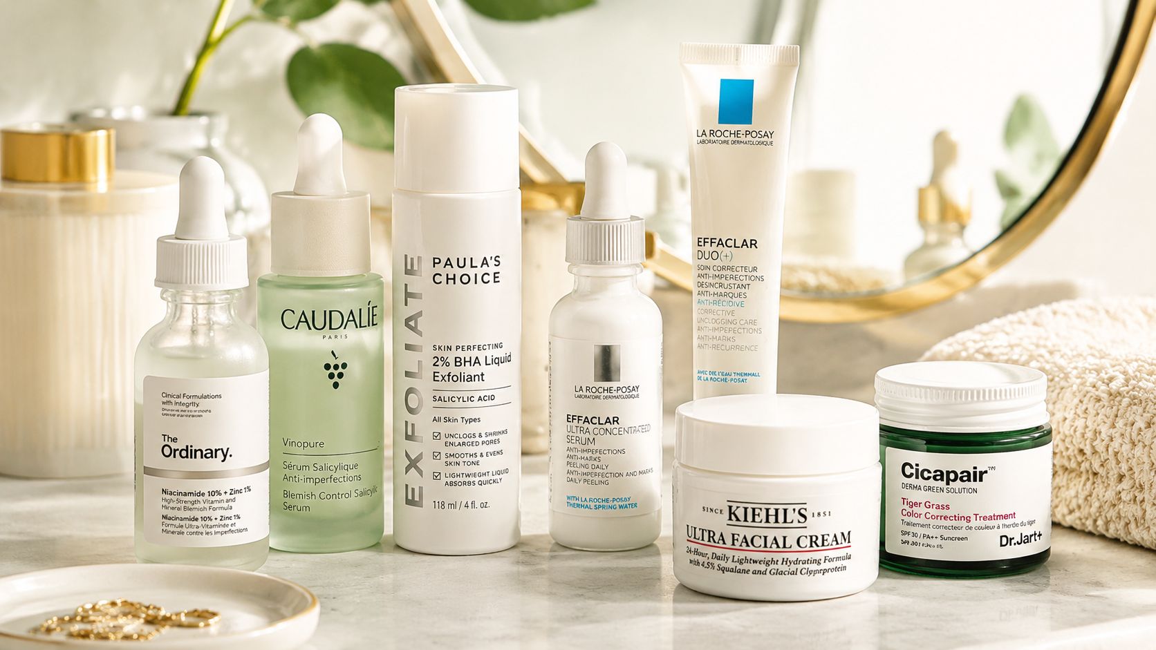 Une sélection de produits de soin de la peau dermatologiques sur un comptoir en marbre.