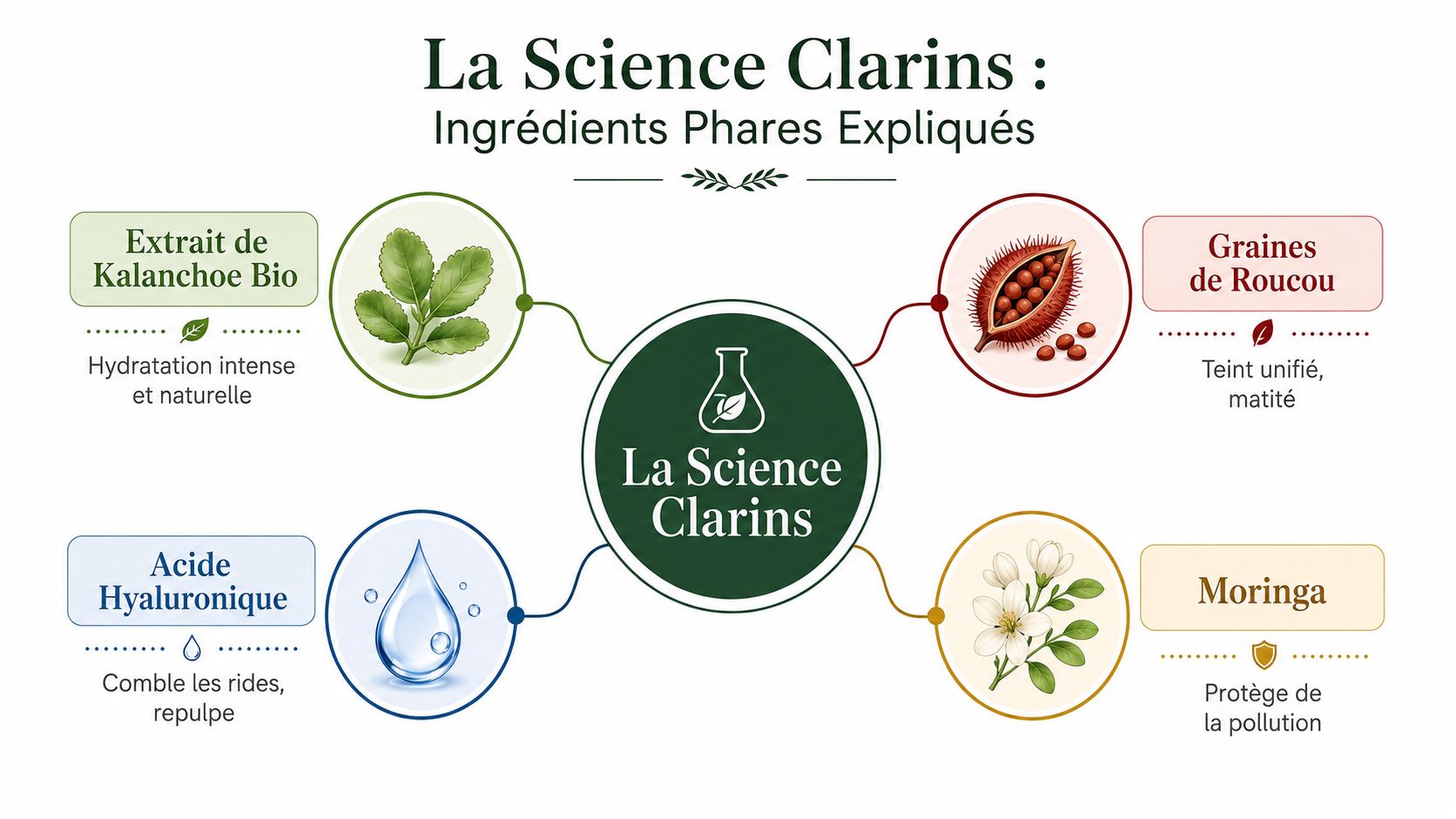 Infographie illustrant les ingrédients clés des soins Clarins et leurs bénéfices spécifiques pour la peau.