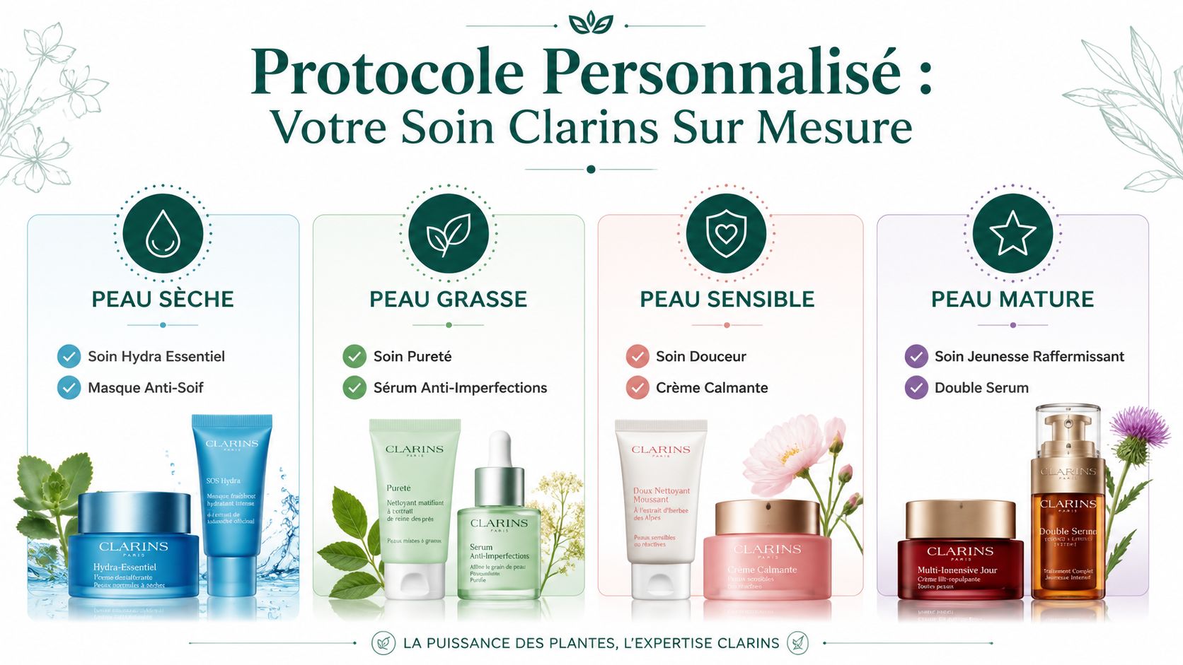 Infographie présentant des routines de soins visage personnalisées Clarins pour différents types de peau et besoins.