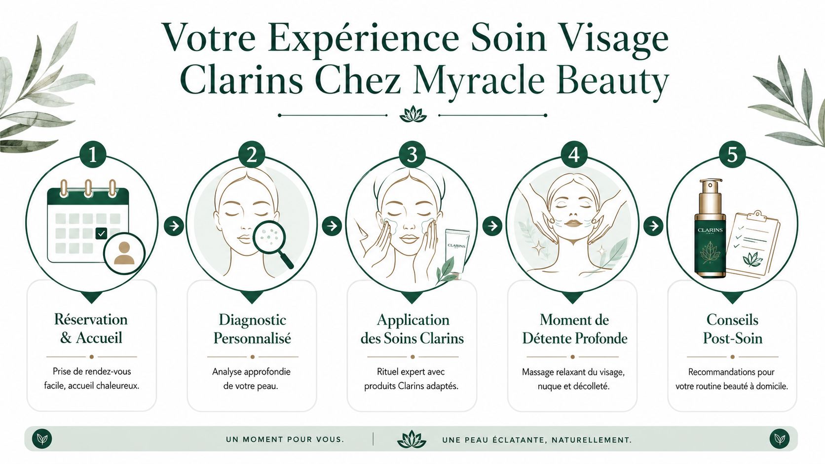 Une infographie détaillée illustrant les cinq étapes d'un soin du visage Clarins chez Myracle Beauty.