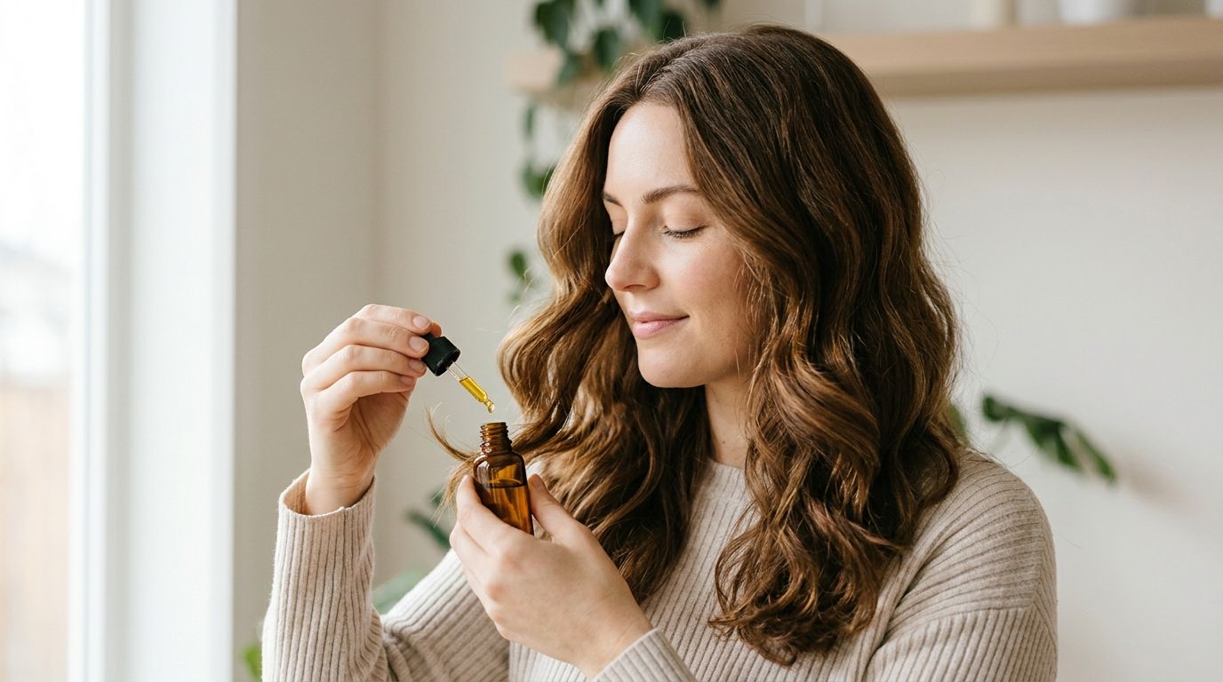 Une femme aux longs cheveux bruns appliquant de l'huile capillaire avec une pipette dans sa main