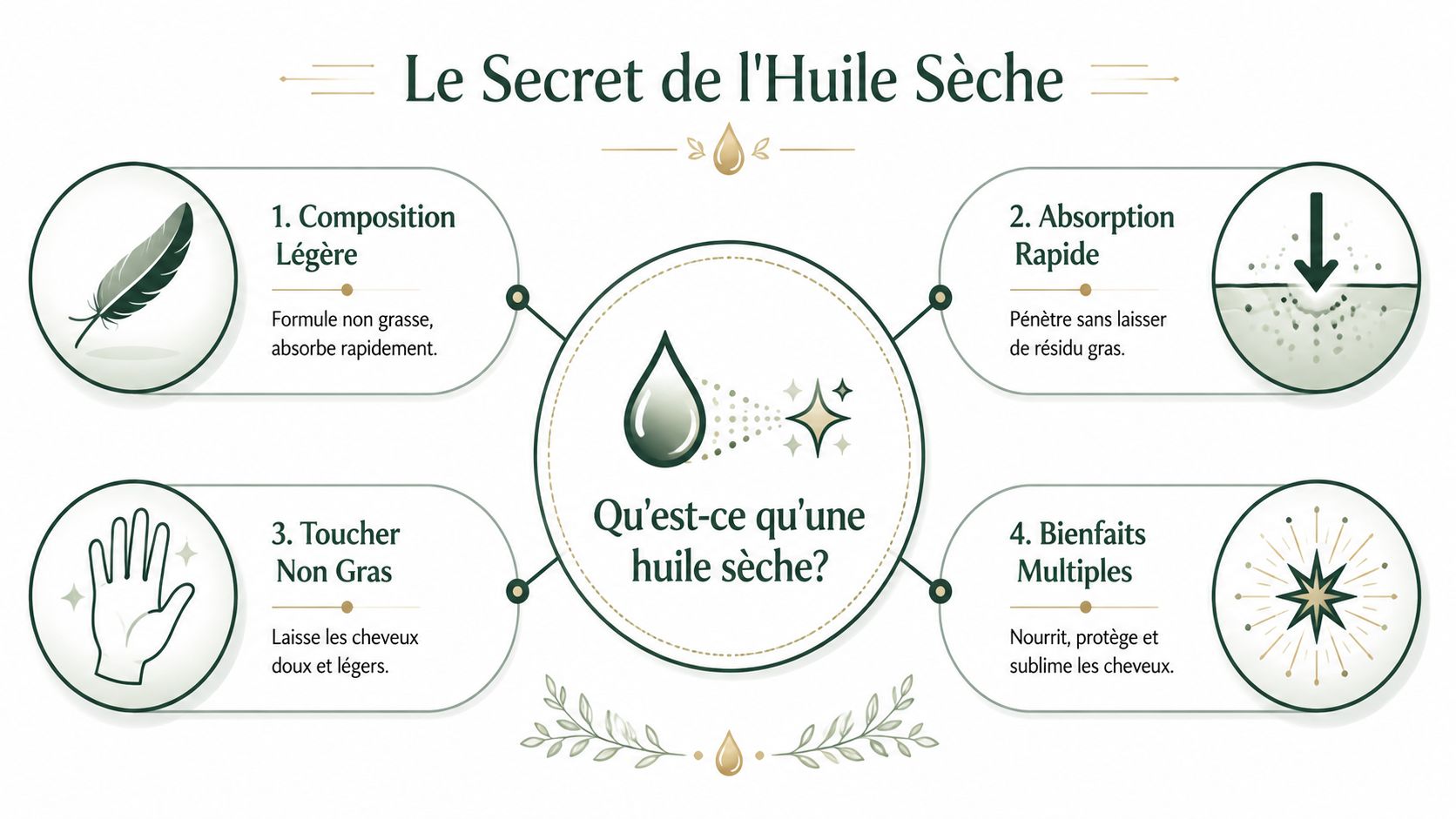 Infographie illustrant les avantages d'une huile sèche pour les cheveux, expliquant sa légèreté et son absorption rapide.