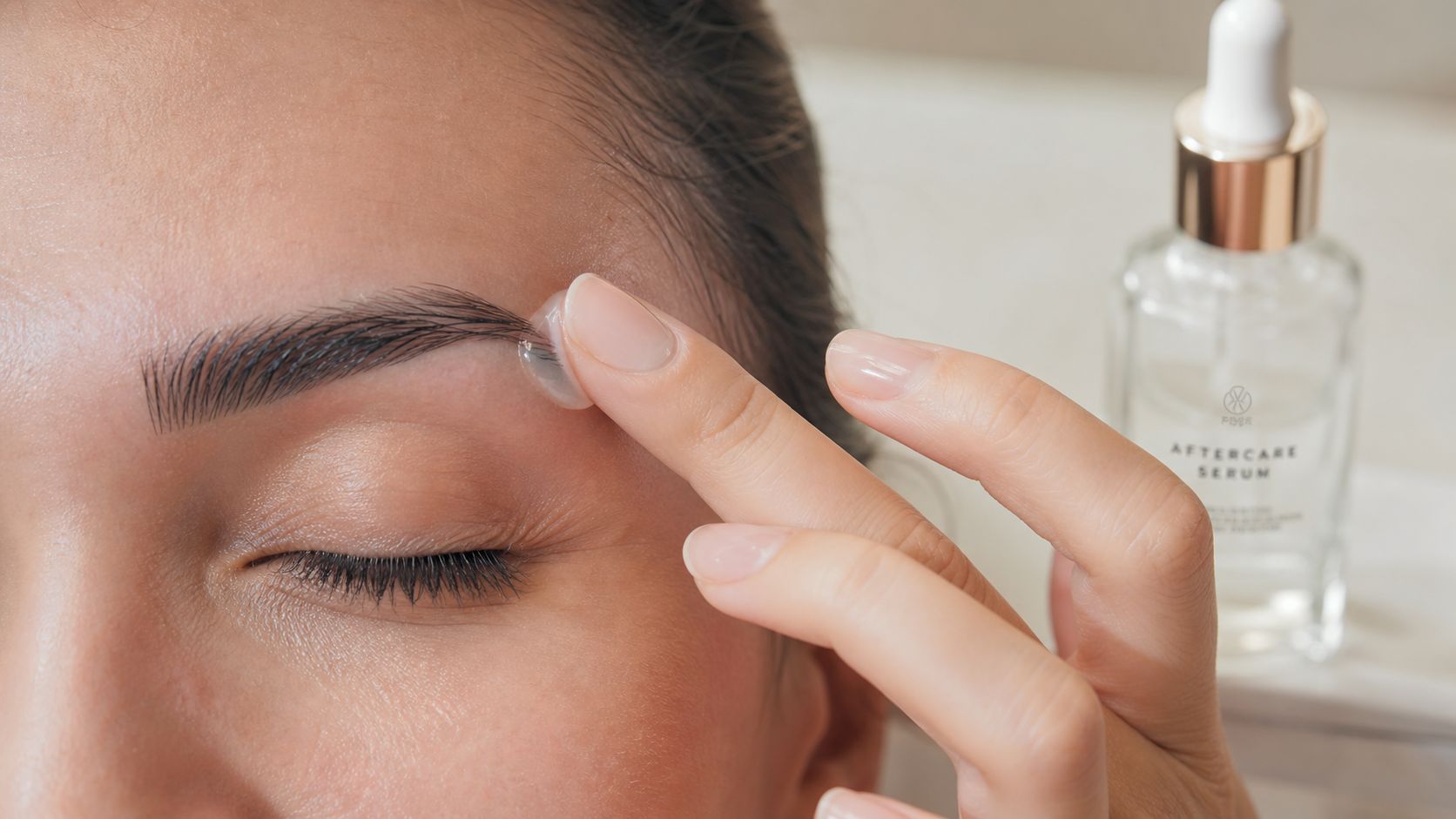 Une personne applique un sérum de soin sur ses sourcils nouvellement épilés avec son index.