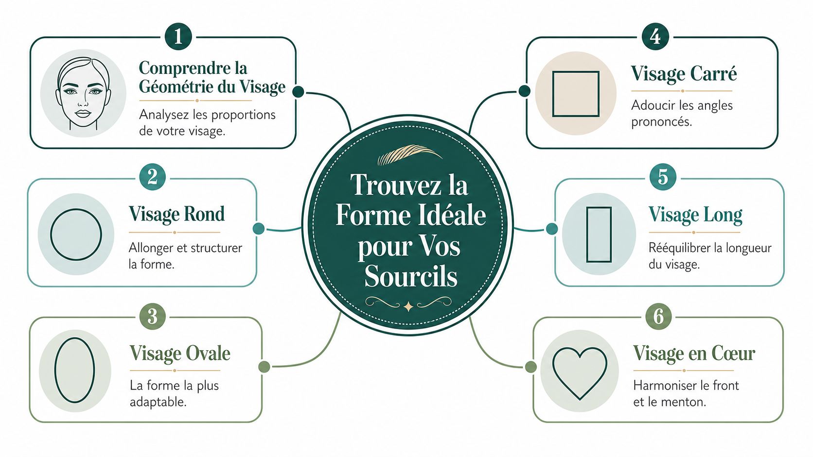 Infographie illustrant comment choisir la forme idéale de ses sourcils selon la morphologie de son visage.