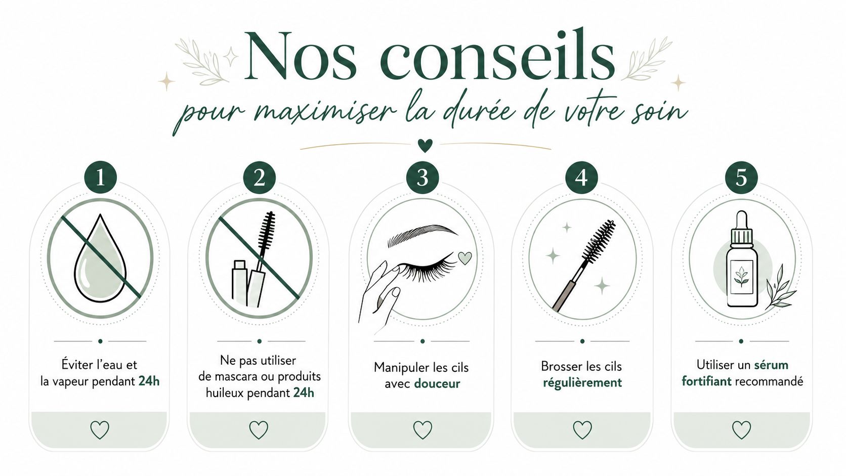Infographie présentant cinq conseils essentiels pour prolonger la durée d'un rehaussement de cils après la prestation.