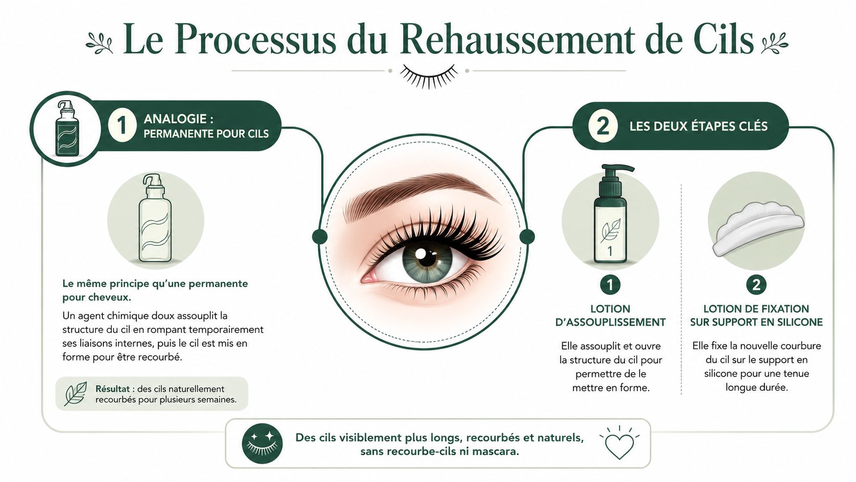 Illustration explicative décrivant le processus étape par étape d'un rehaussement de cils pour un résultat durable et naturel.