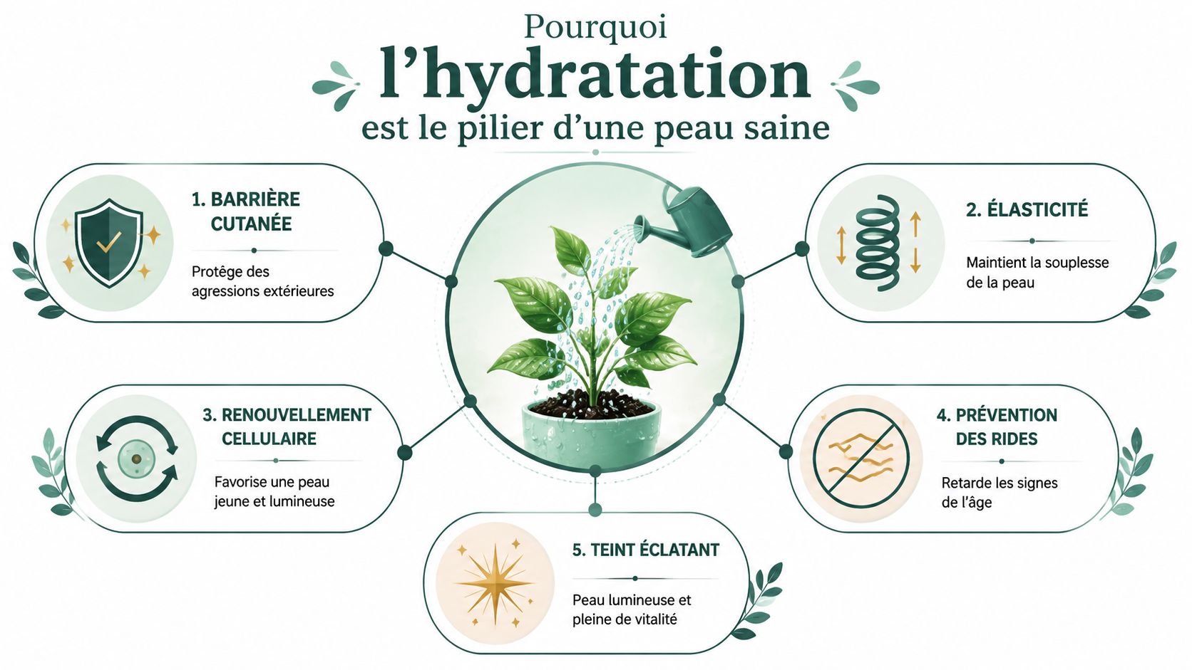 Infographie montrant les cinq bienfaits principaux de l'hydratation pour maintenir une peau saine et éclatante.