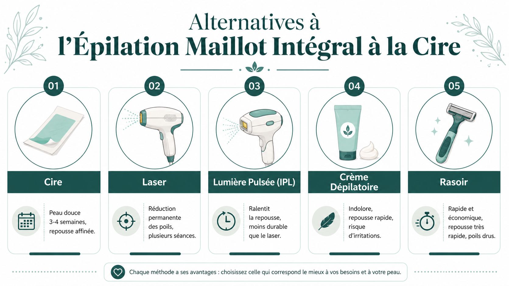 Infographie illustrant cinq méthodes alternatives à l'épilation intégrale à la cire, incluant le laser et le rasoir.