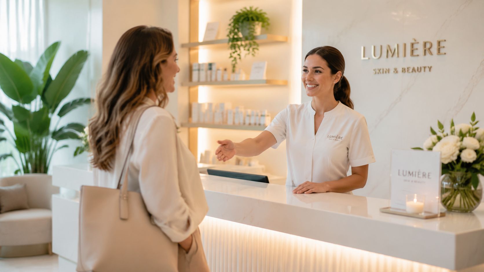 Une esthéticienne souriante accueille chaleureusement une cliente à la réception d'un centre de beauté moderne et lumineux.