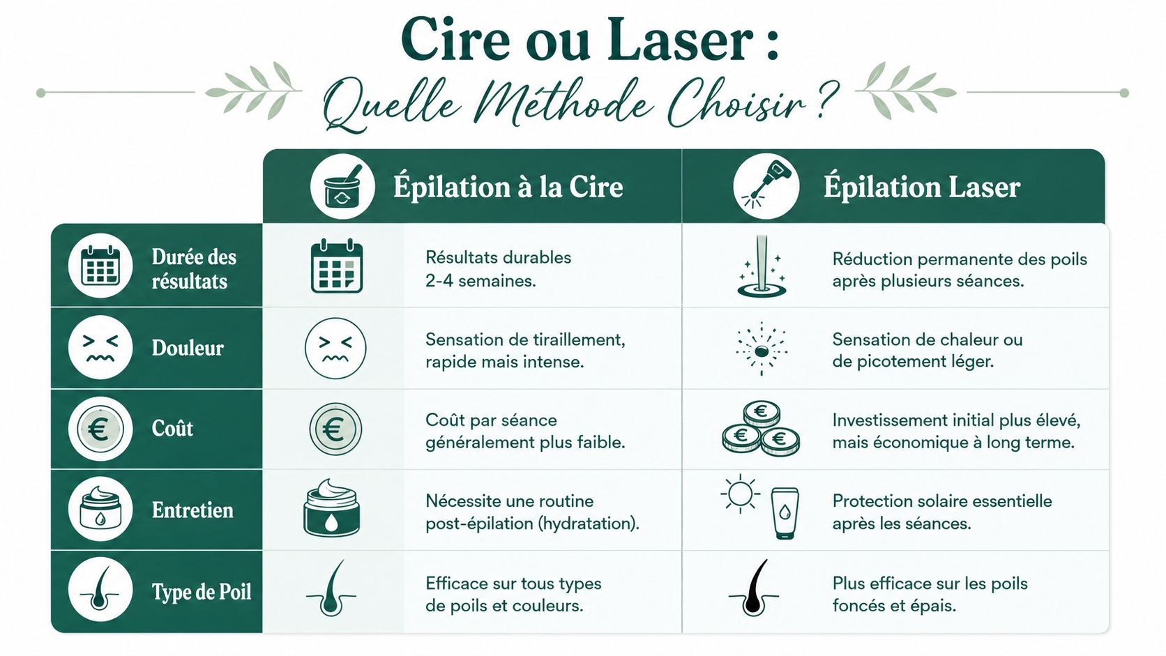 Tableau comparatif illustré détaillant les avantages et inconvénients de l'épilation à la cire et de l'épilation laser.