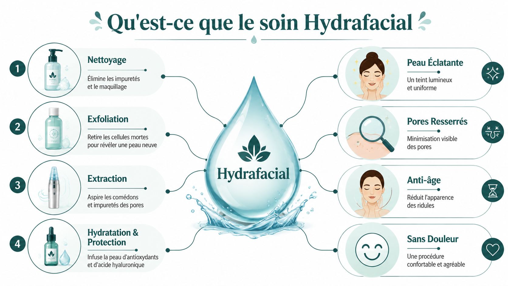 Infographie détaillant les quatre étapes du soin HydraFacial et ses principaux bienfaits pour la peau du visage.