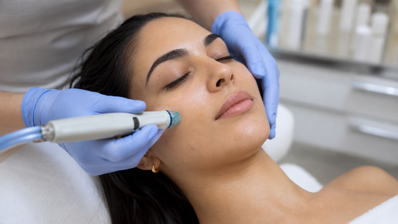 Une esthéticienne effectue un soin hydrafacial sur le visage d'une femme détendue dans un salon de beauté.