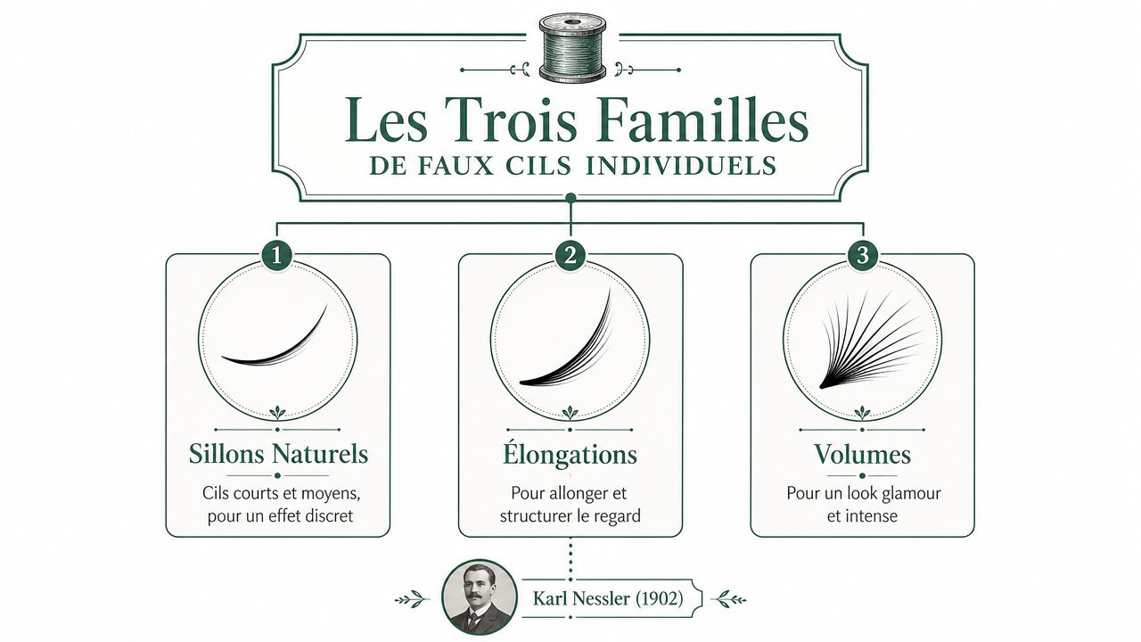 Infographie présentant les trois familles de faux cils individuels : Sillons Naturels, Élongations et Volumes.