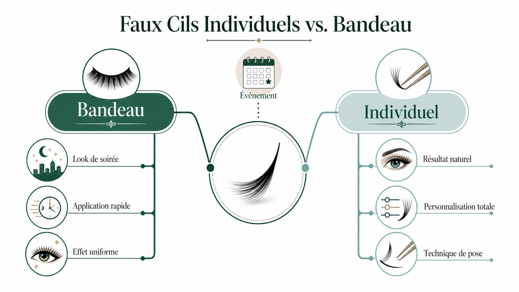 Infographie comparant les avantages des faux cils individuels et des faux cils en bandeau.