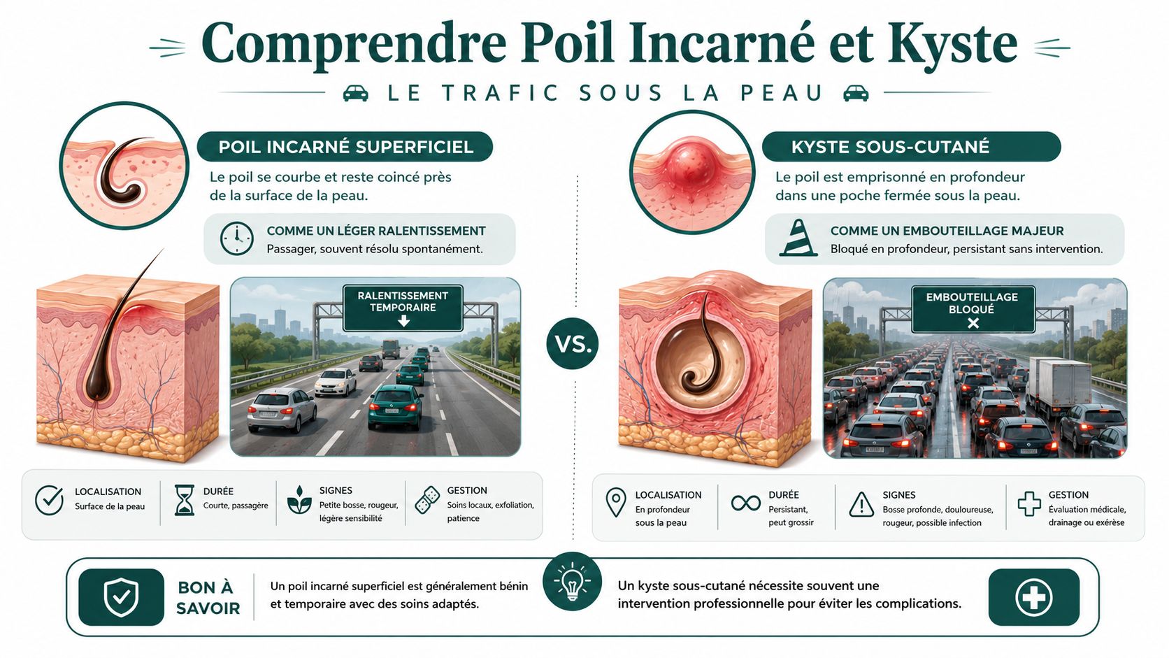 Infographie comparant un poil incarné superficiel à un kyste sous-cutané avec leurs caractéristiques et solutions associées.