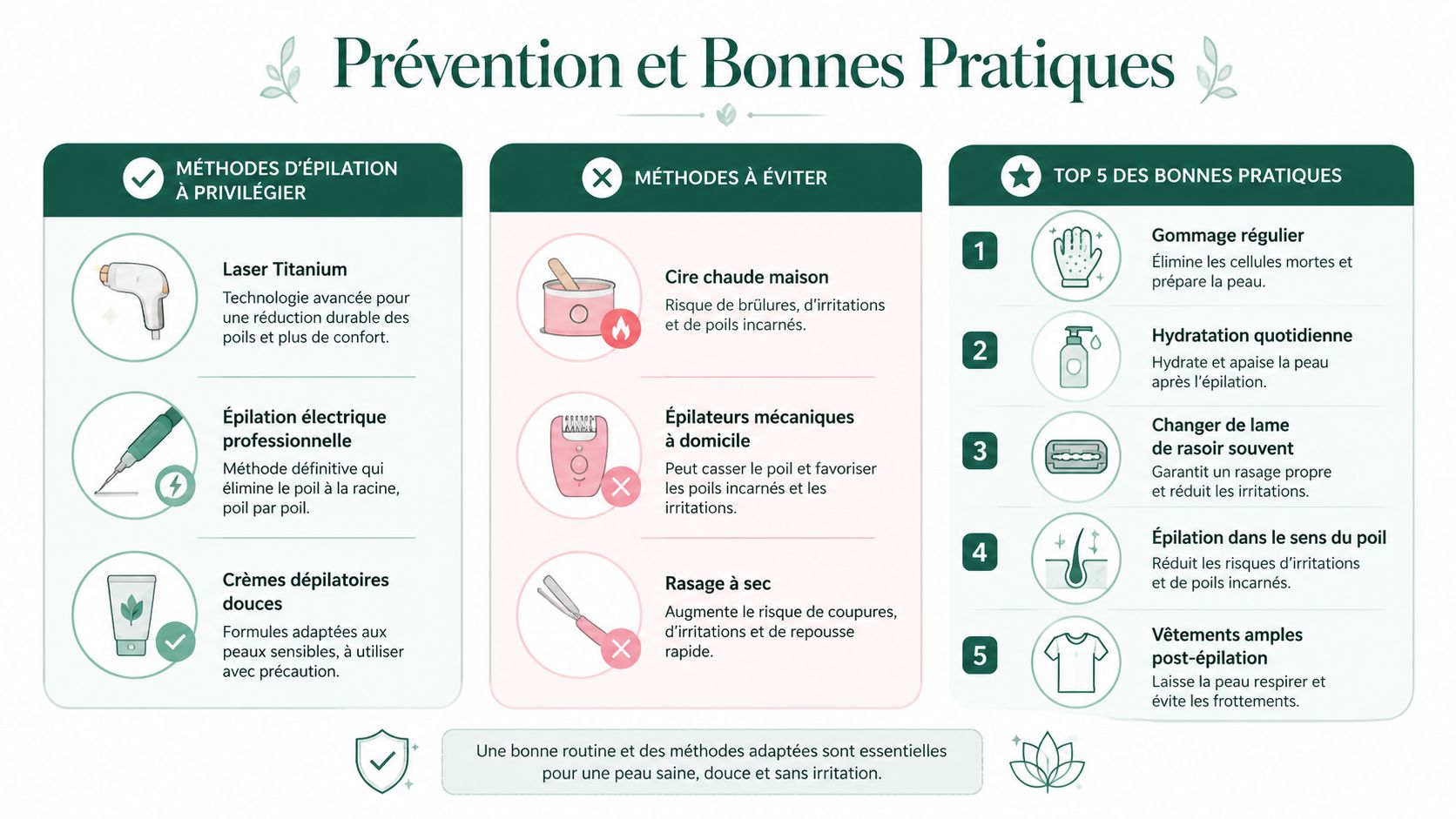 Infographie illustrée sur les méthodes d'épilation recommandées, les pratiques à éviter et les conseils pour une peau saine.