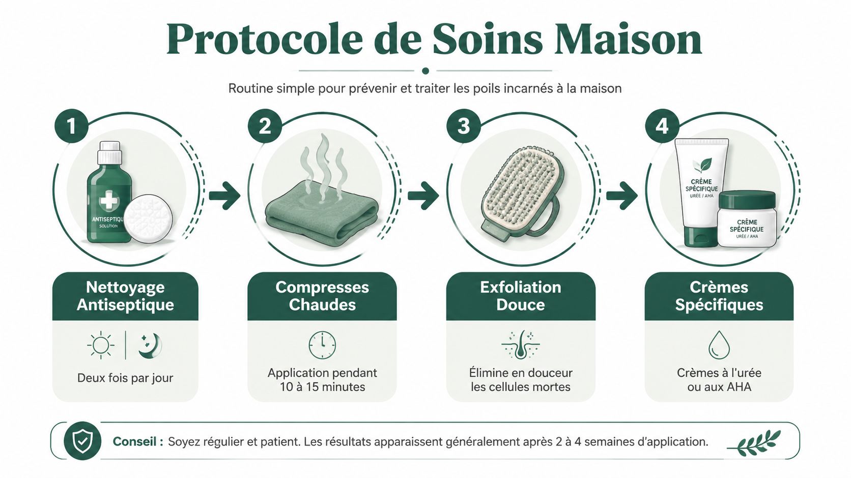 Infographie illustrant une routine de soins à domicile en quatre étapes pour traiter et prévenir les poils incarnés.