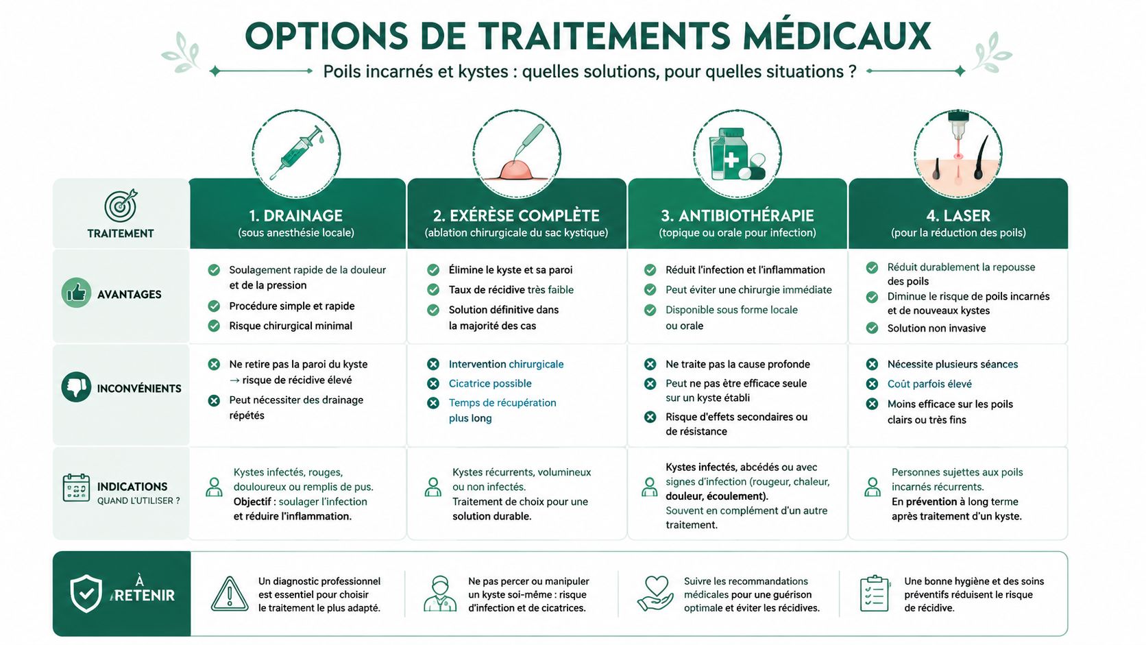 Infographie présentant les options de traitements médicaux pour les poils incarnés et les kystes cutanés.