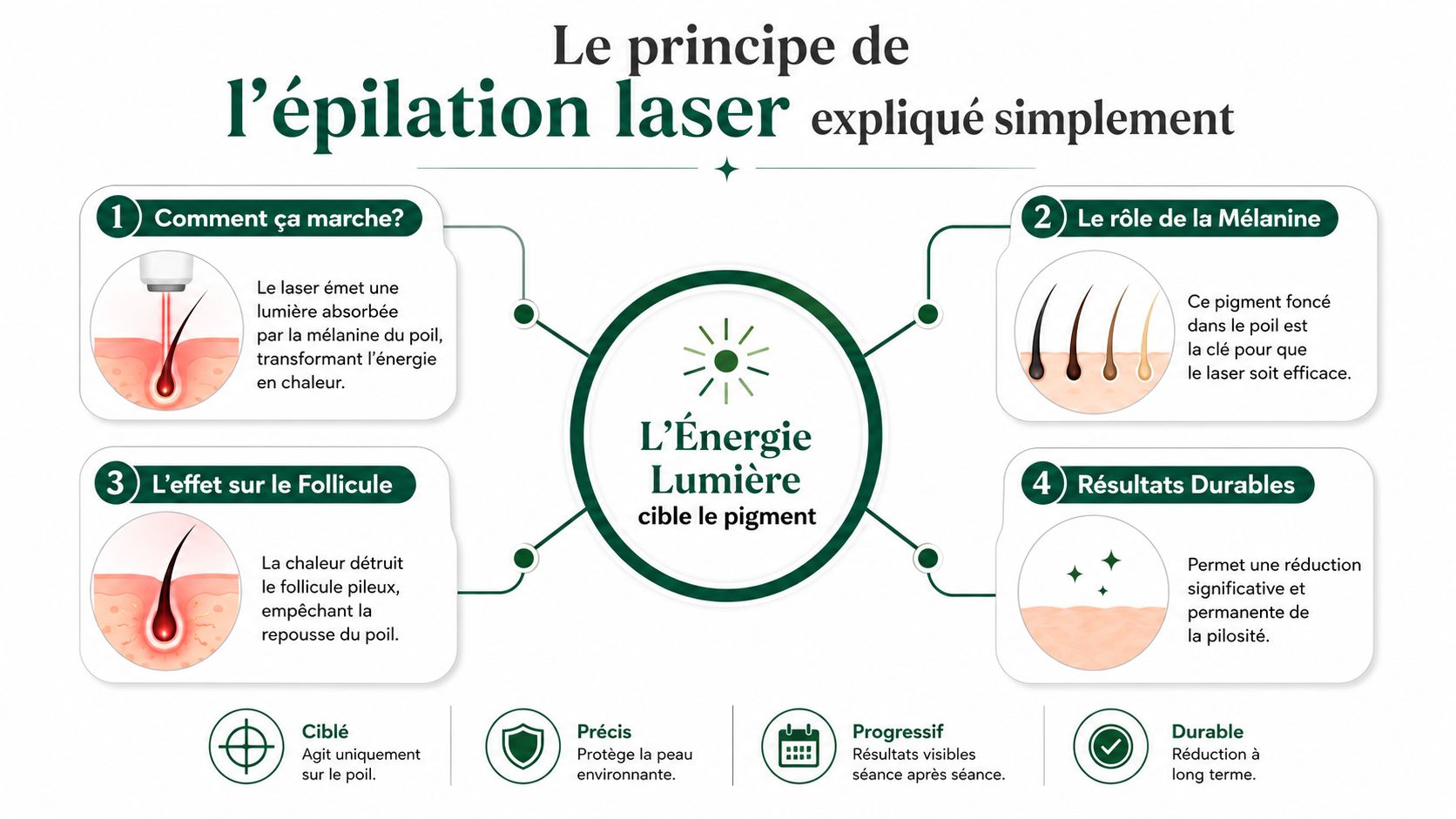 Infographie illustrant le principe de fonctionnement de l'épilation laser, de l'absorption par la mélanine jusqu'aux résultats durables.
