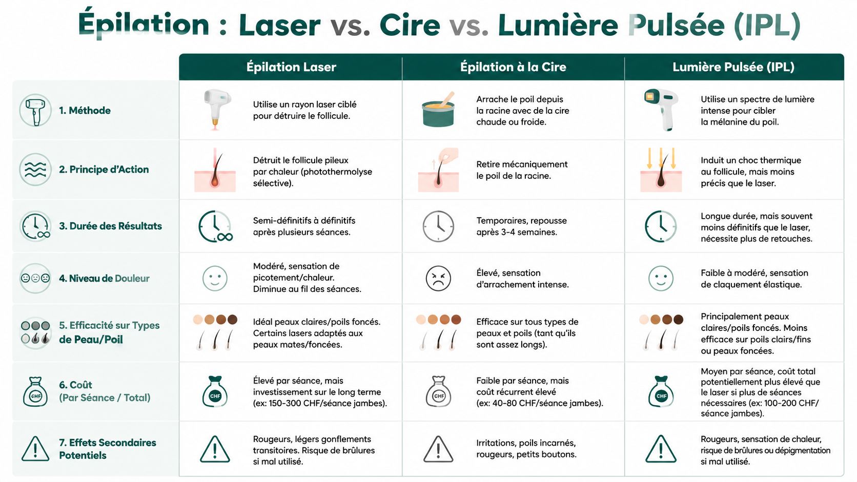 Tableau comparatif illustré détaillant les avantages et inconvénients de l'épilation laser, à la cire et lumière pulsée.