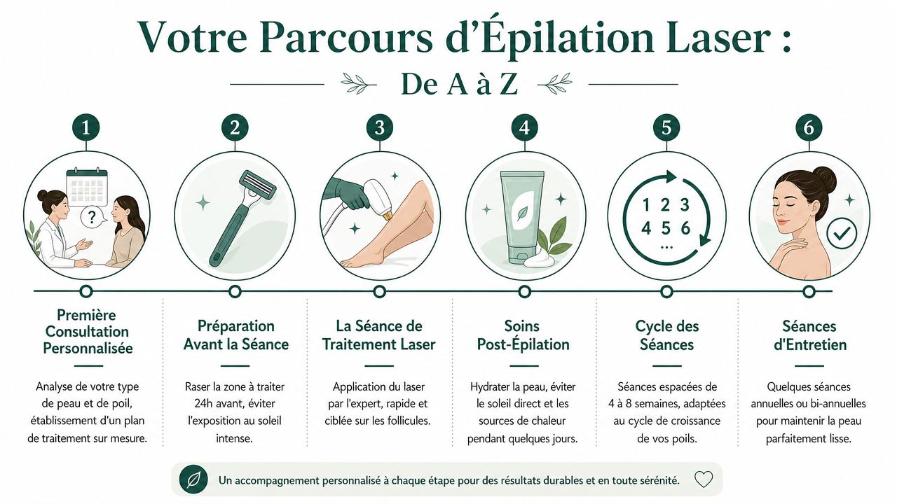 Infographie illustrant les six étapes clés du parcours complet d'épilation laser, de la consultation aux séances d'entretien.