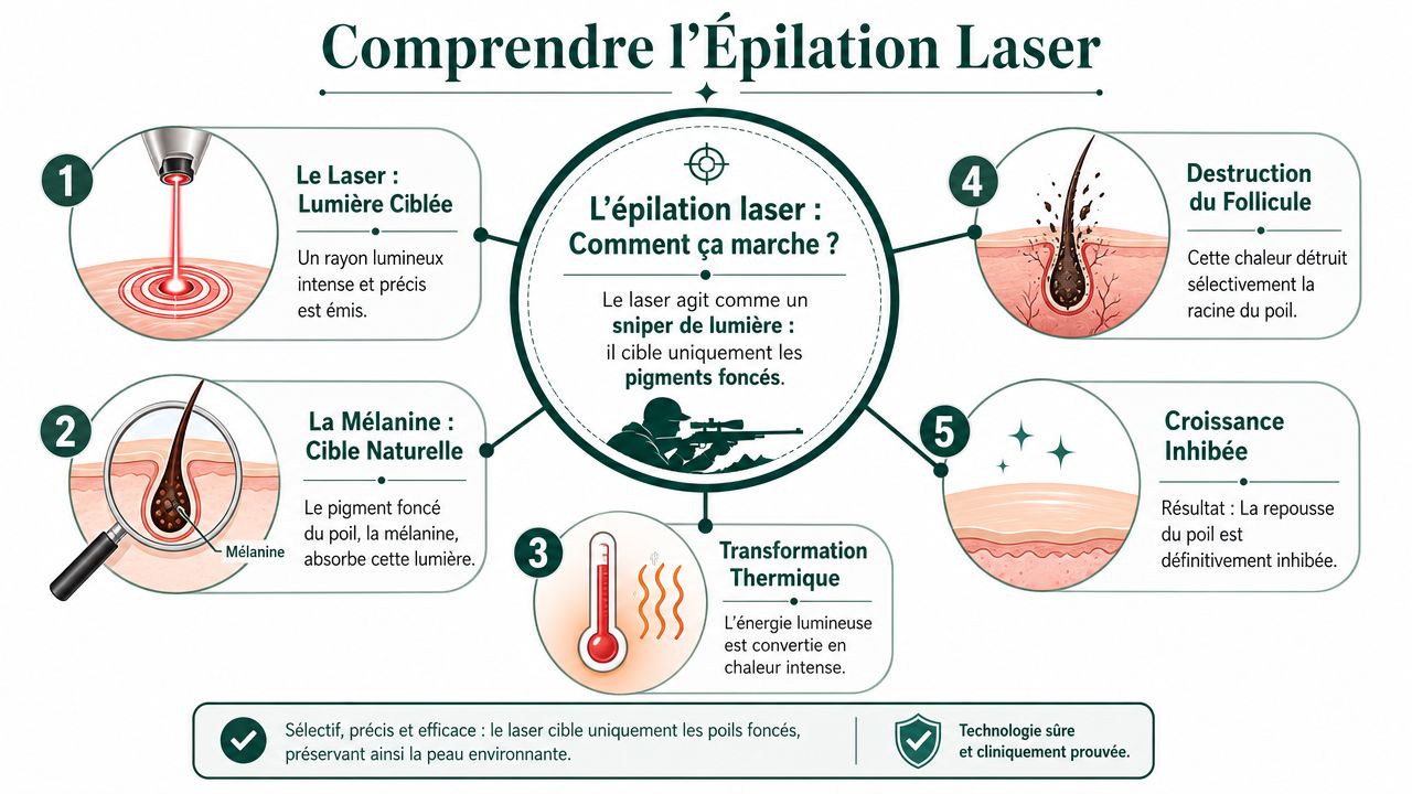 Infographie explicative détaillant le fonctionnement de l'épilation laser, de l'émission du faisceau lumineux à l'inhibition définitive du poil.
