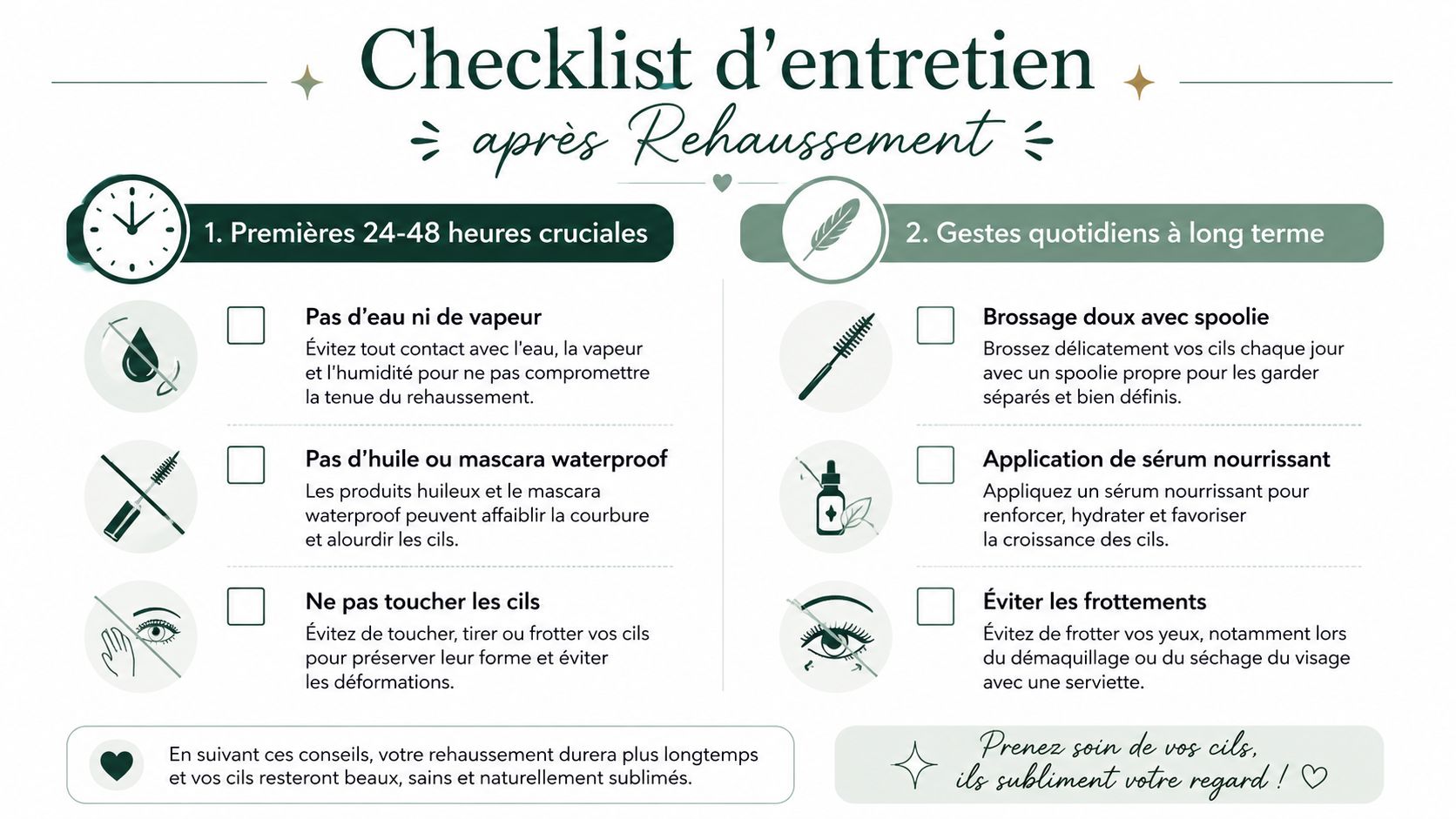 Checklist des conseils d'entretien pour prendre soin de vos cils après une prestation de rehaussement de cils.