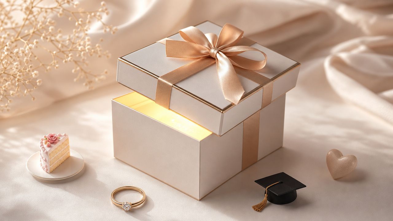 Une boîte cadeau élégante avec un ruban, un petit gâteau, une bague et un chapeau de diplômé.